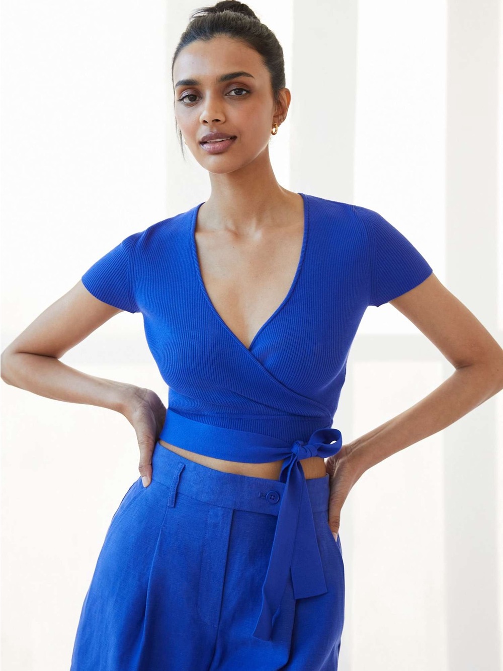 Wilfred Blue Wrap Crop Top for Women - V-Neck Short Sleeve